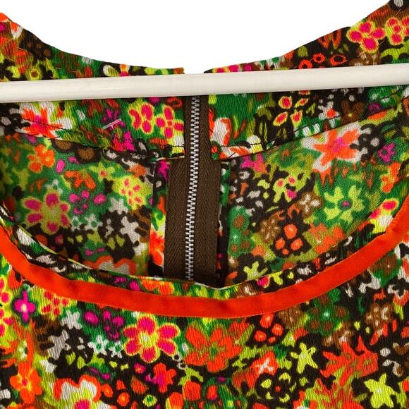 Vintage 60s Floral Orange Green Brown Empire Waist Midi Dress Velvet Ribbon - Picture 3 of 8